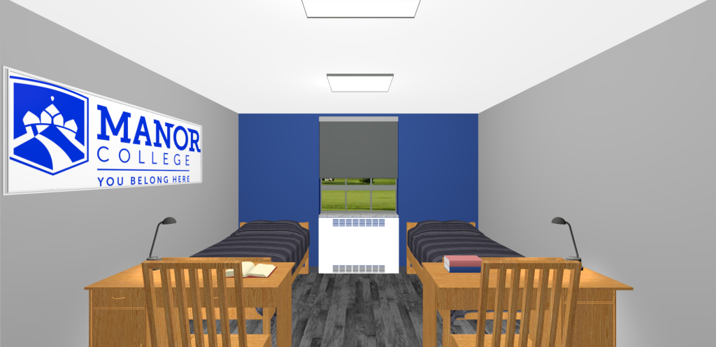 3D rendering of a Manor College dorm room