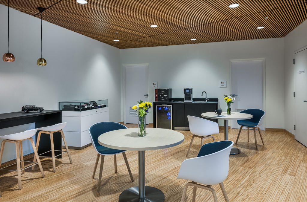 example of a modern customer lounge area inside a car dealership