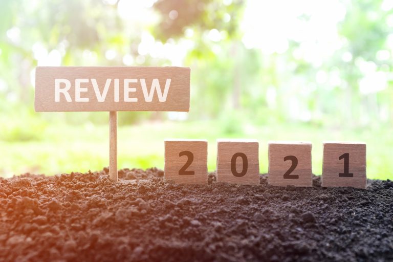 signs reading "2021" & "review" on top of fertile soil