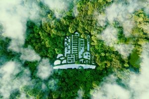 visual metaphor for green building: city-shaped lake in the middle of a lush forest