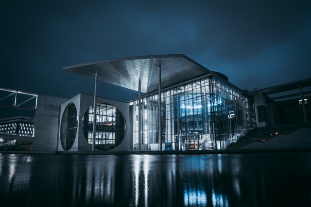 futuristic data center illuminated at night