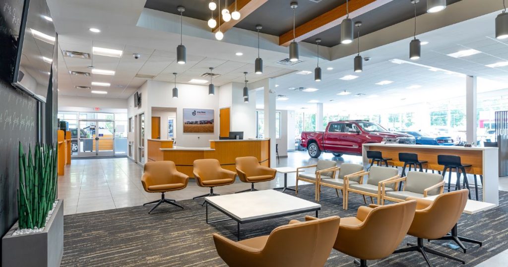 Car dealership lounge with LED lighting
