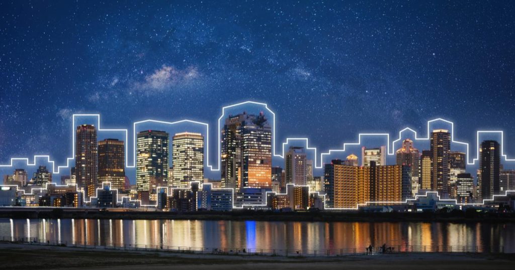 City Skyline of buildings with smart technology integration and automation